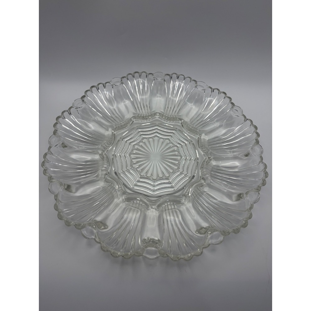 Vintage Clear Glass Deviled Egg Platter Scalloped Shell Design 9 Inch Round Tray